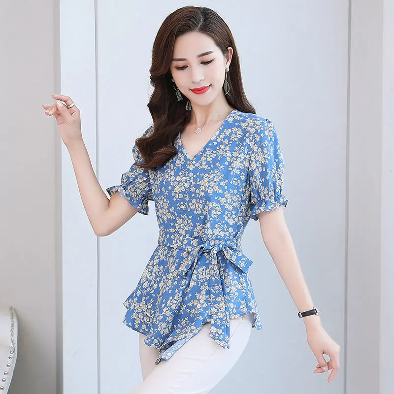 Elegant Ruffles Folds Bandage Bow Irregular Floral Blouse Women\'s Clothing 2023 Summer Loose Casual Tops Asymmetrical Shirt