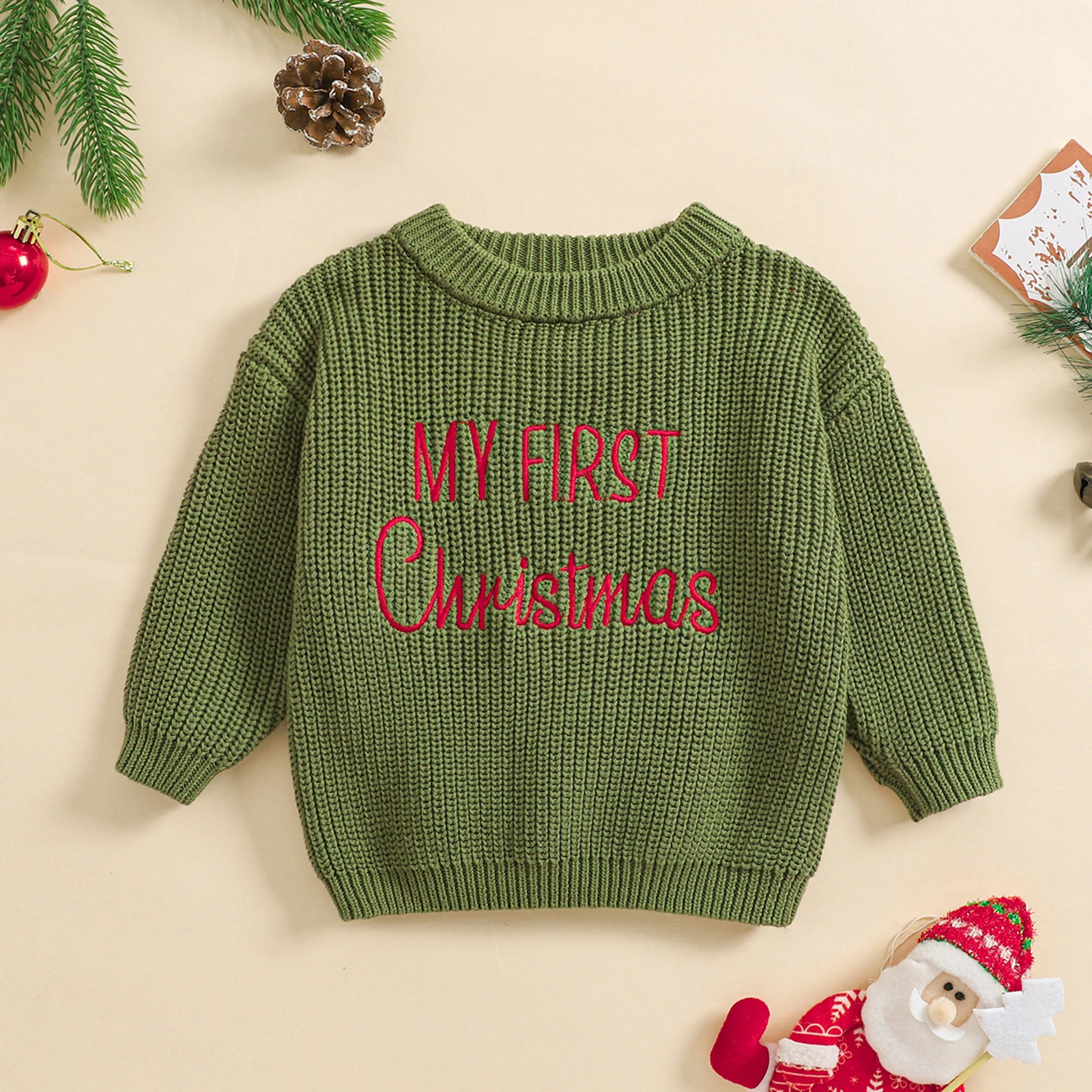 Baby First Christmas Sweaters Letter Embroidered Long Sleeve Round Neck Knitted Pullover Sweaters Infant Knitwear Tops