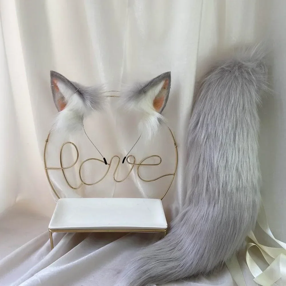 Handmade Anime Simulation Beast Gray Cat Fox Wolf Ears Hairhoop Headwear Tail For Christmas Halloween Game Party Cosplay Prop