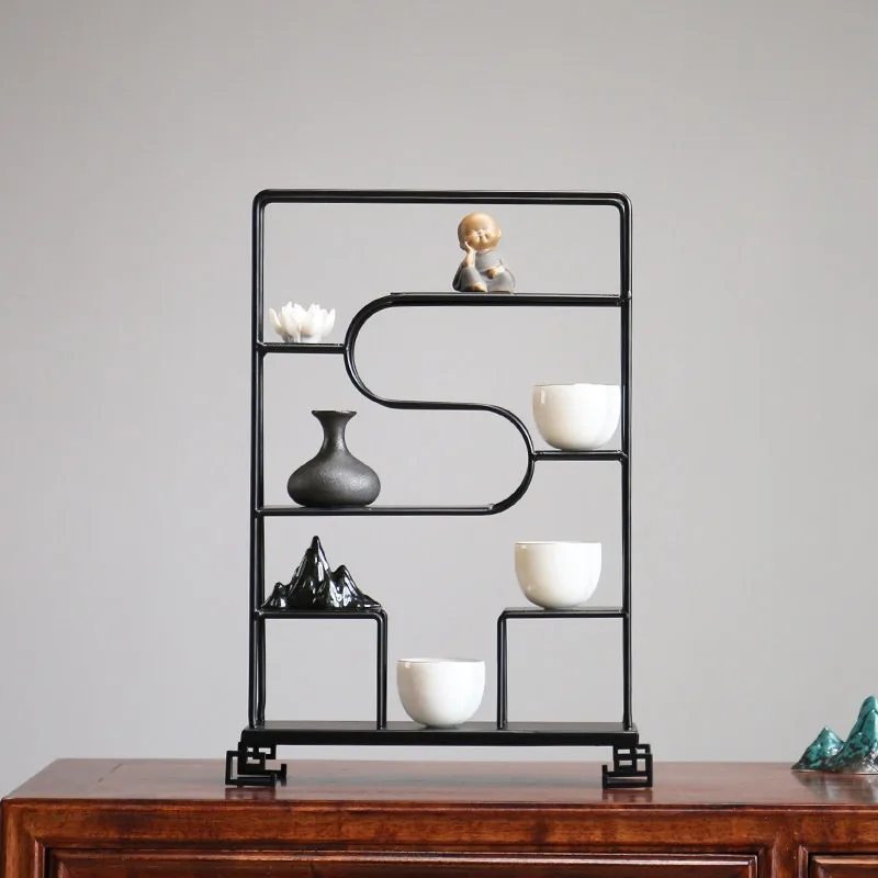 Modern Luxury Iron Display Shelf - Desktop Curio Cabinet Tea Ceremony Organizer, Chinese Style Decorative Shelf for Living Room