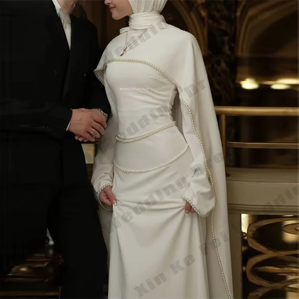 Suknie ślubne dla muzułmanek z wysokim dekoltem, eleganckie, z długim rękawem, z szalem, księżniczki, z perłami, formalne, na przyjęcie, szyte na miarę, vestido