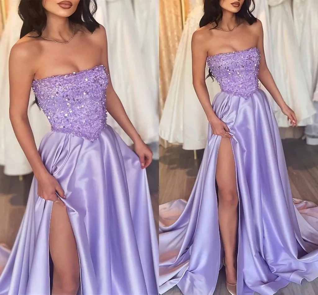 Sparkle Purple Mermaid Evening Formal Dress 2024 Strapless Sequined Silt Satin Women Prom Party Gowns Sexy Robe De Soiree