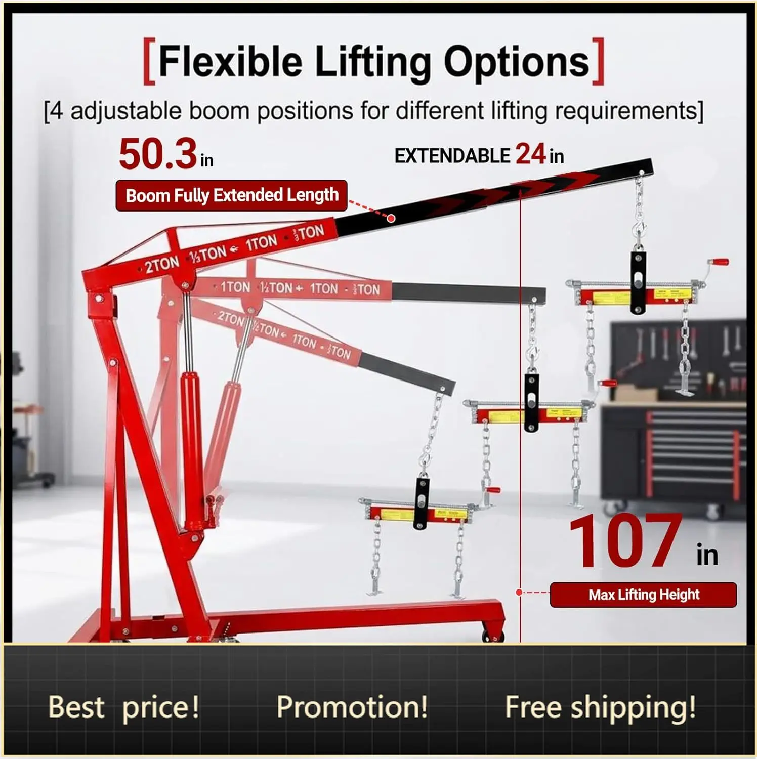 

5500 Lbs Folding Engine Hoist with Load Leveler, 2.5 Ton Cherry Picker Engine Hoist with 6 Casters, 8 Ton Hydraulic Pump 4 Adjus