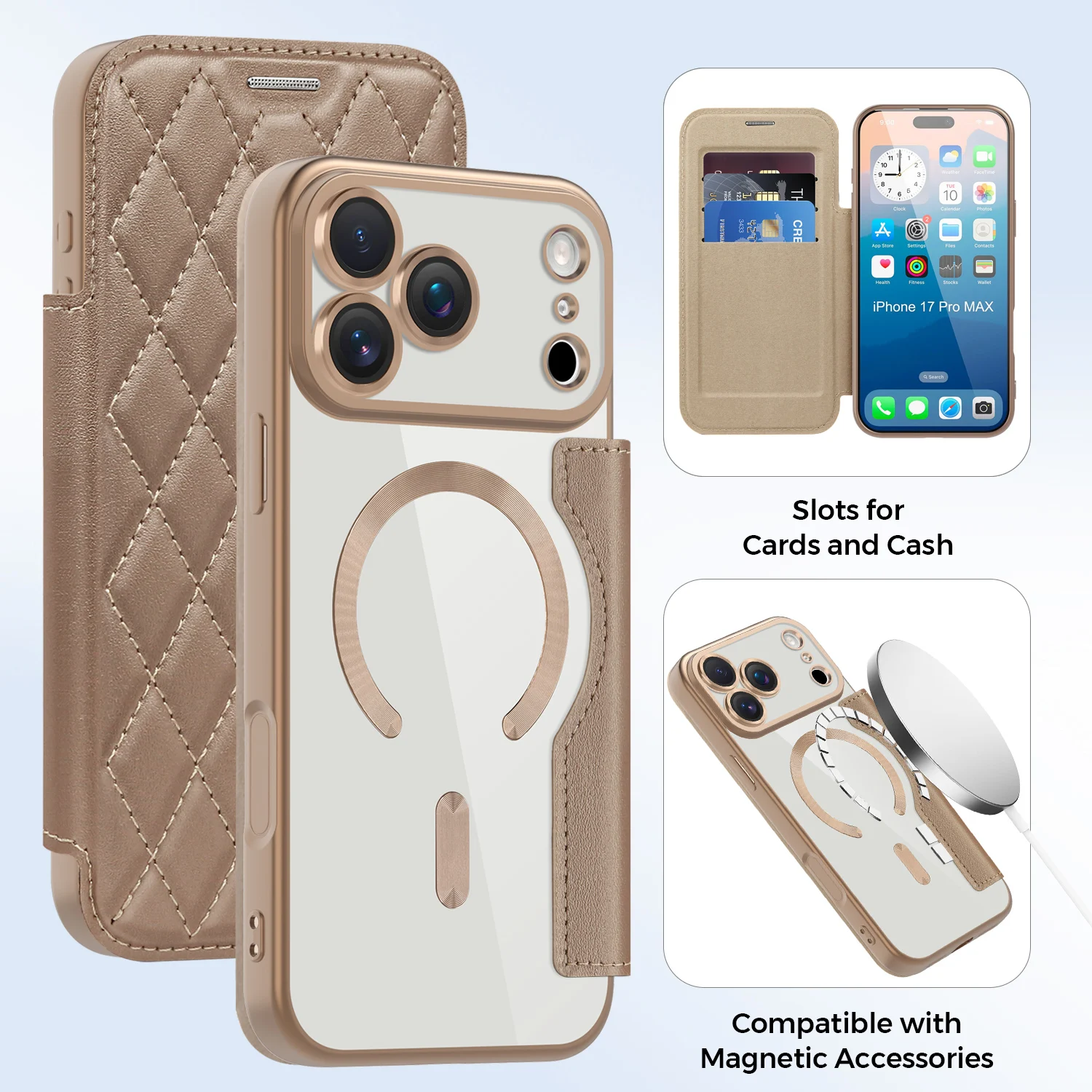 Ladies Flip Wallet Phone Case with Card Slots Wireless Charging Compatible Lens Film for iPhone 17 pro Max 16 16e 15 14 13 12