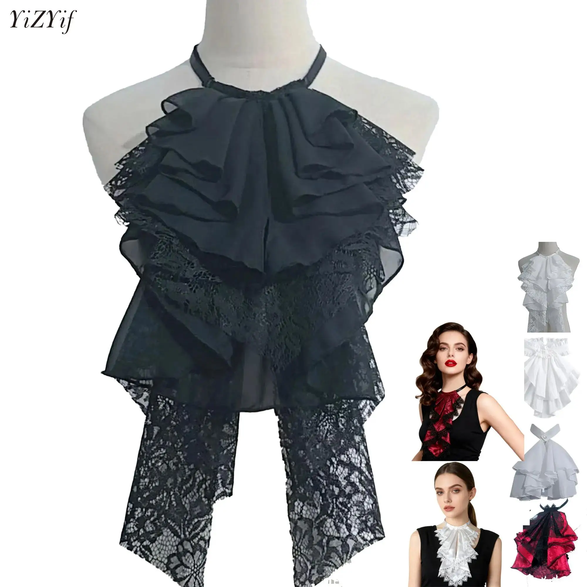 

Medieval Viking Lace Jabot Neck Collar Halloween Costume Steampunk Cosplay Pirate Clown Ruffled Fake Collar for Shirt Blouse Top
