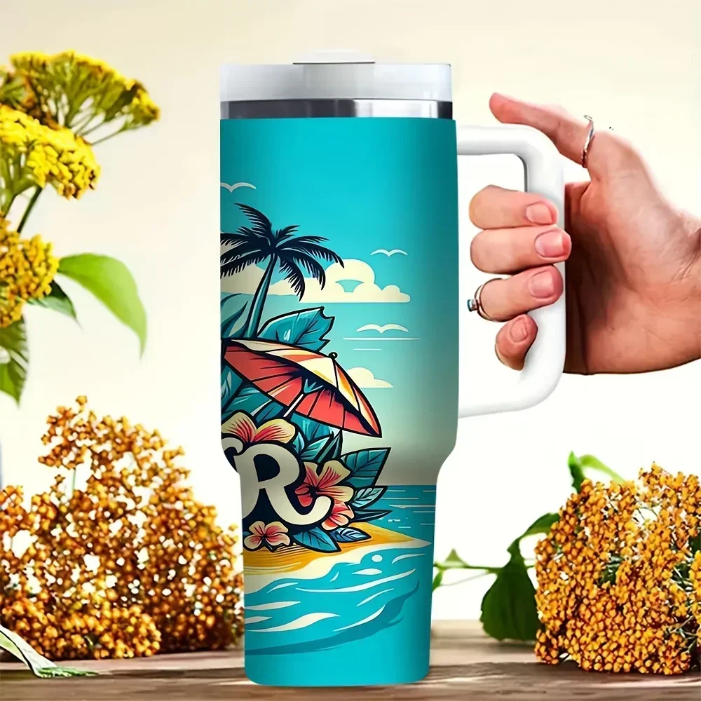40oz Tumbler with Handle, Hello Summer Holiday Pineapple Beach Print, Fits Both Cold And Hot Drinks, Suitable for Summer Lovers, Ideal for Outdoor Activities And Daily Useorders for other colors will be shipped randomly in black or white