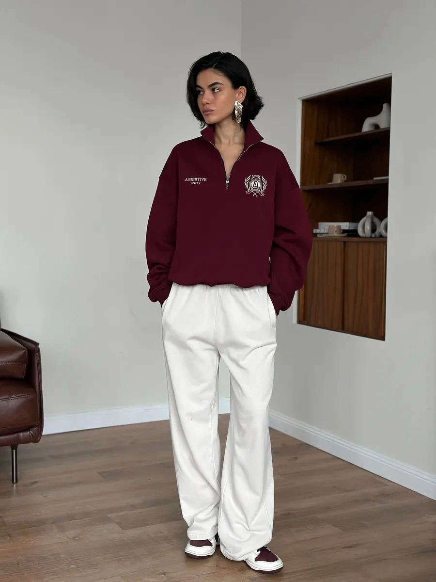 Sweat-shirt ample imprimé f avec fermeture éclair pour femme, confortable, décontracté, Long, col montant, fermeture éclair, Design Faionable, Streetwear