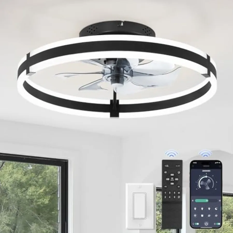 

Bedroom ceiling fan with light and remote, black low profile flush mount LED fan, 19.7'' modern fandelier, 3000-6000K dimmable,