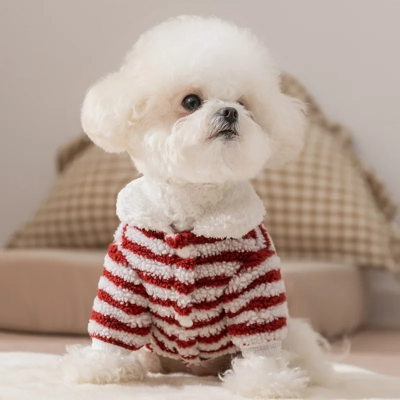 

Dog Sweater Winter Striped Sherpa Fleece Thick Warm Two Legs Soft Cozy Pullover For Small Dog Bichon Teddy Puppy Clothes Elastic
