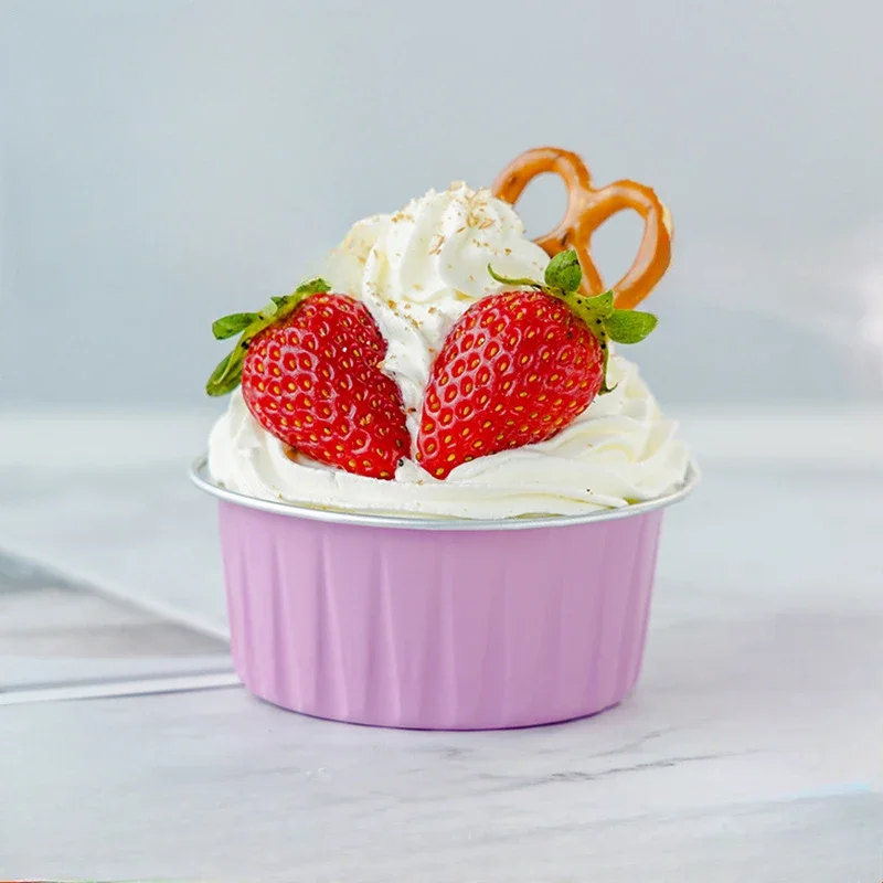 100 Uds/125ml taza de postre de papel de aluminio en forma de círculo con tapas para hornear Muffins tarta de queso pudín varios colores tazas de comida para hornear