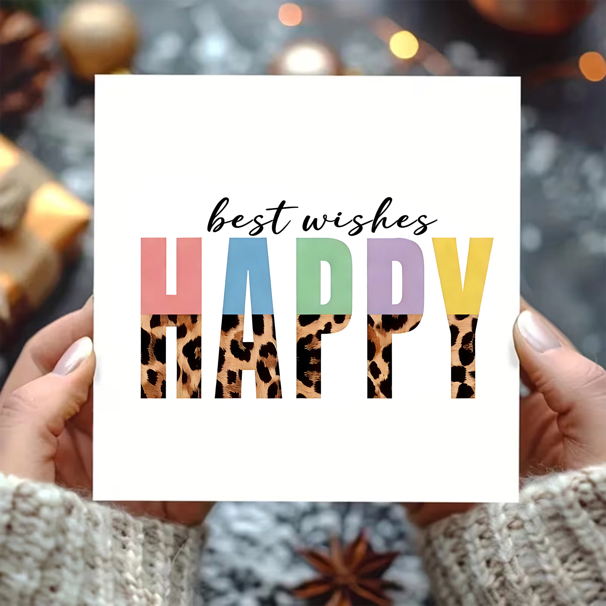 Happy Best Wishes Grußkarte mit Umschlag (2 Stück) – weiße quadratische Karte, buntes Leopardenmuster-Typografie-Design, trendiger Geburtstag