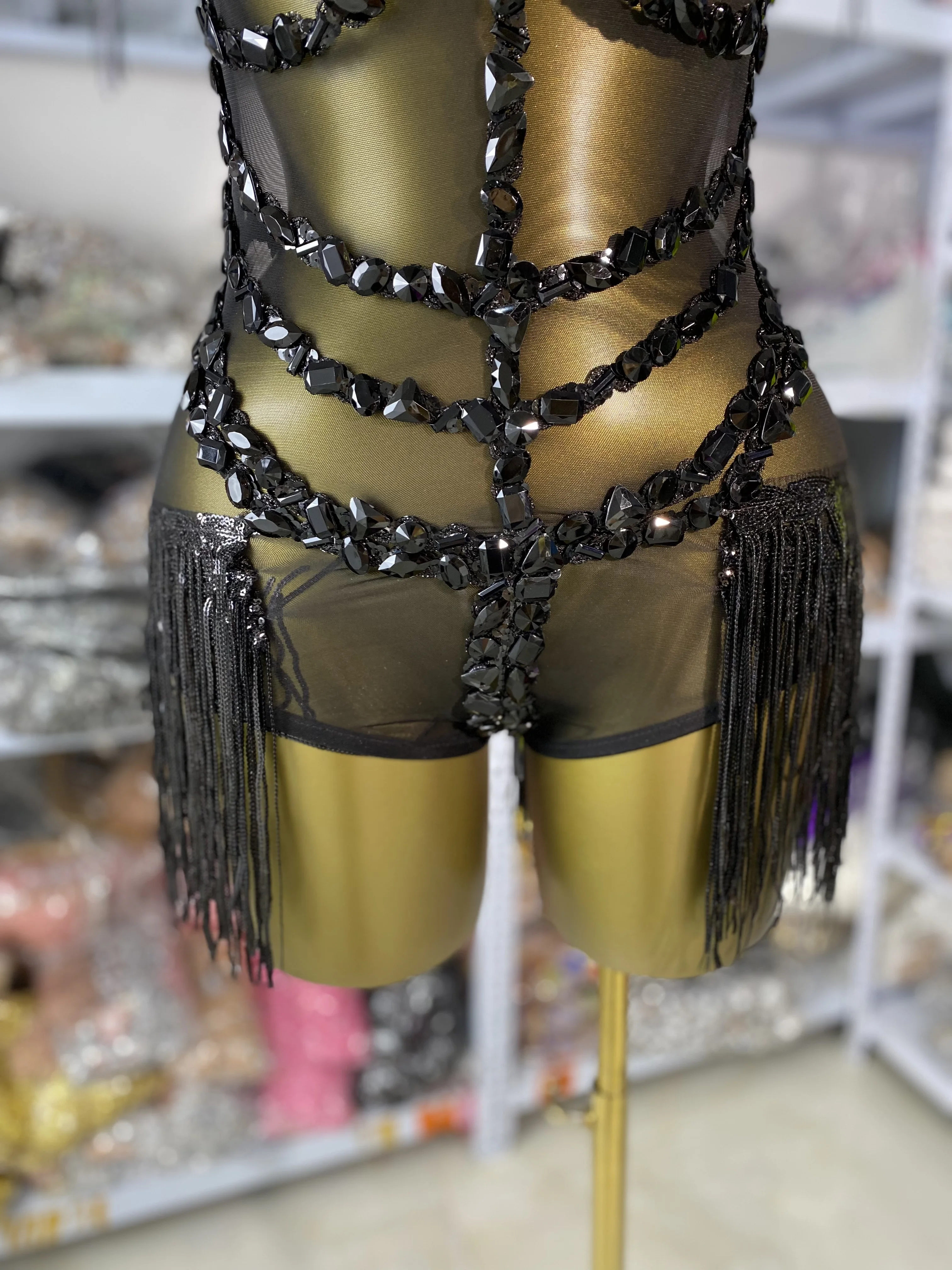 Wanita Seksi Hitam Berlian Imitasi Rumbai Jala Tipis Melihat Melalui Pakaian Bermain Penyanyi Penari Pertunjukan Kostum Panggung Merayakan Pesta Klub Malam