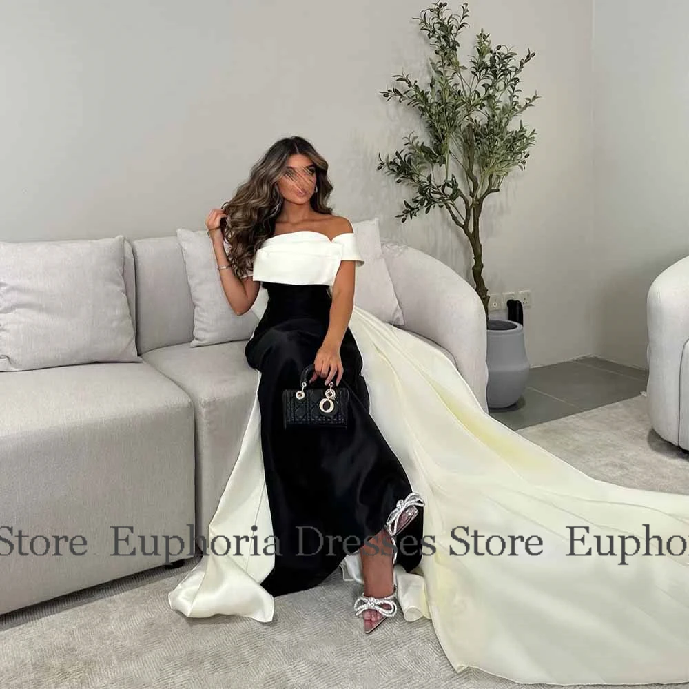 Classy Bespoke Occasion Gowns Contrast Color Satin Sheath/Column Party Dress Black and Ivory Off-the-shoulder Evening Dress Maxi