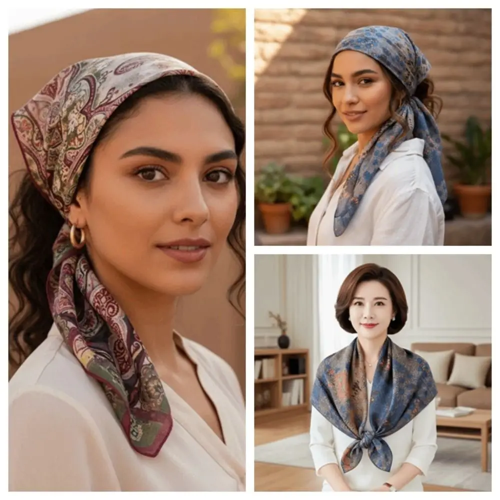 

Breathable Mom Square Headscarf Lightweight Sunscreen Double-sided Printed Silk Scarf Headband Hair Band