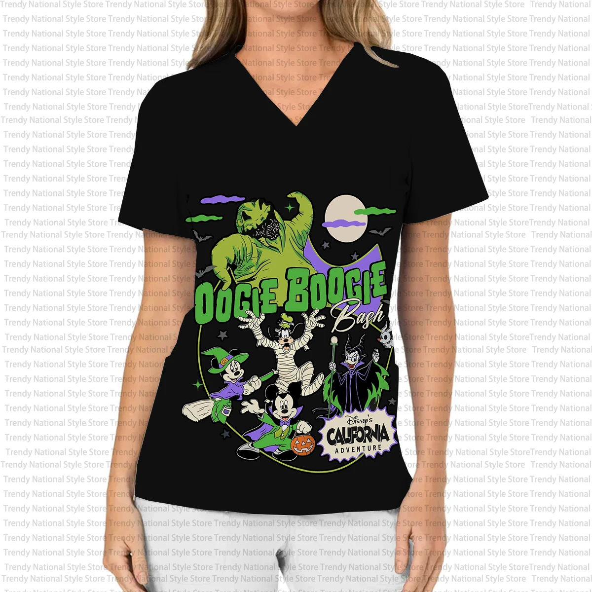 Estate Halloween Topolino e Minnie Stampa Tasca con scollo a V da donna Manica corta Top smerigliato T-shirt uniforme per negozio di animali dentali ospedaliero