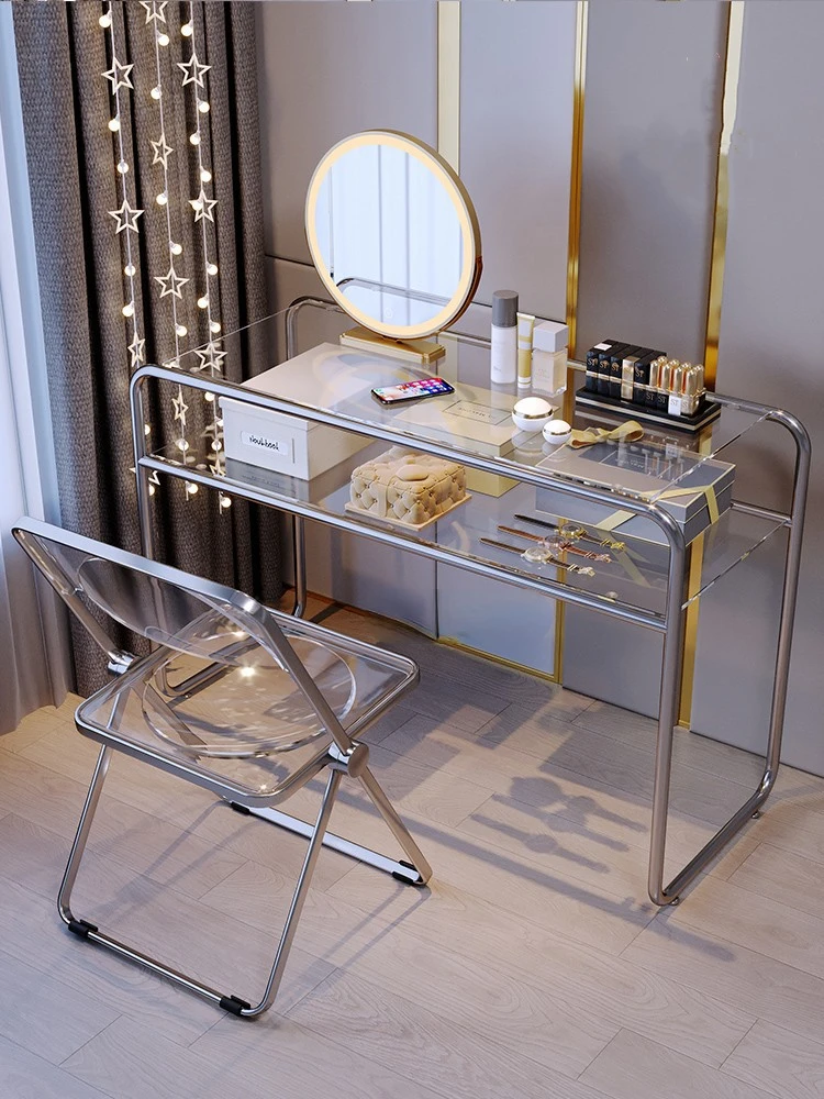 Stainless Steel Makeup Table Glass Desk Light Luxury Dressing Table Modern Desk