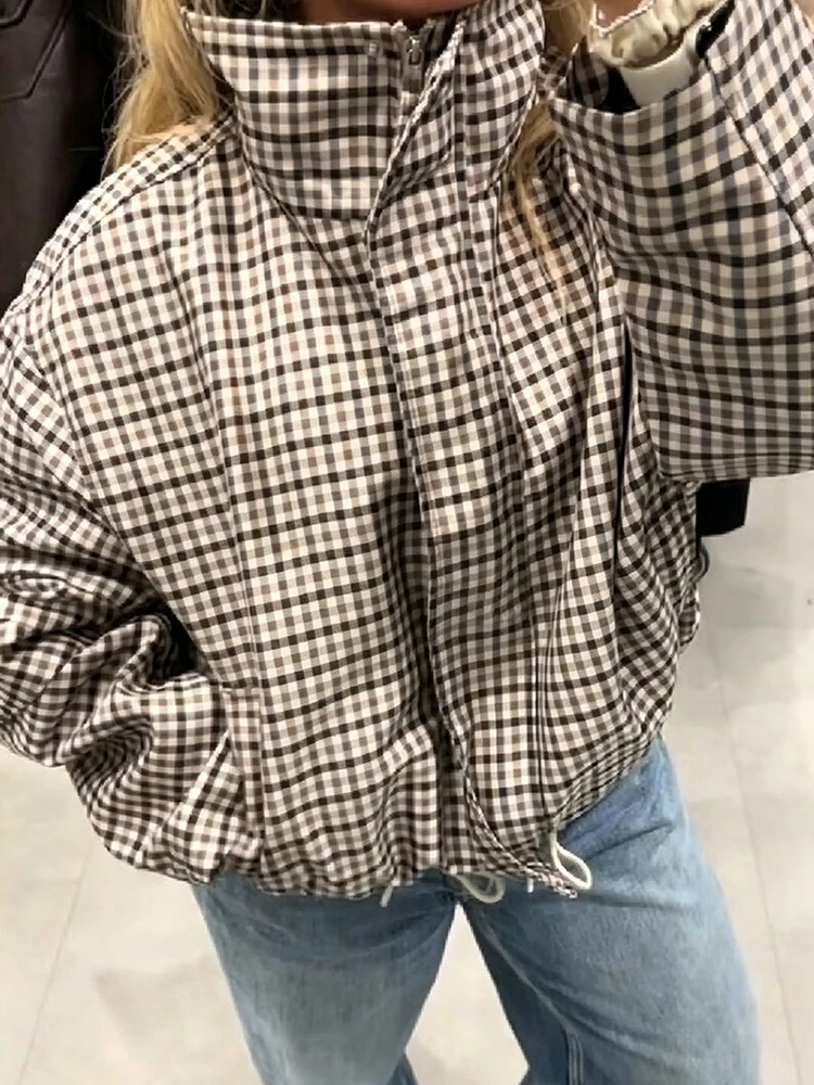 Damen Karierter Stehkragen Kurzjacke mit Reißverschluss, Druckknöpfen, Kordelzug am Saum, Oversized Langarm-Mantel, Schicke Casual Alltags-Oberbekleidung – Detail 8