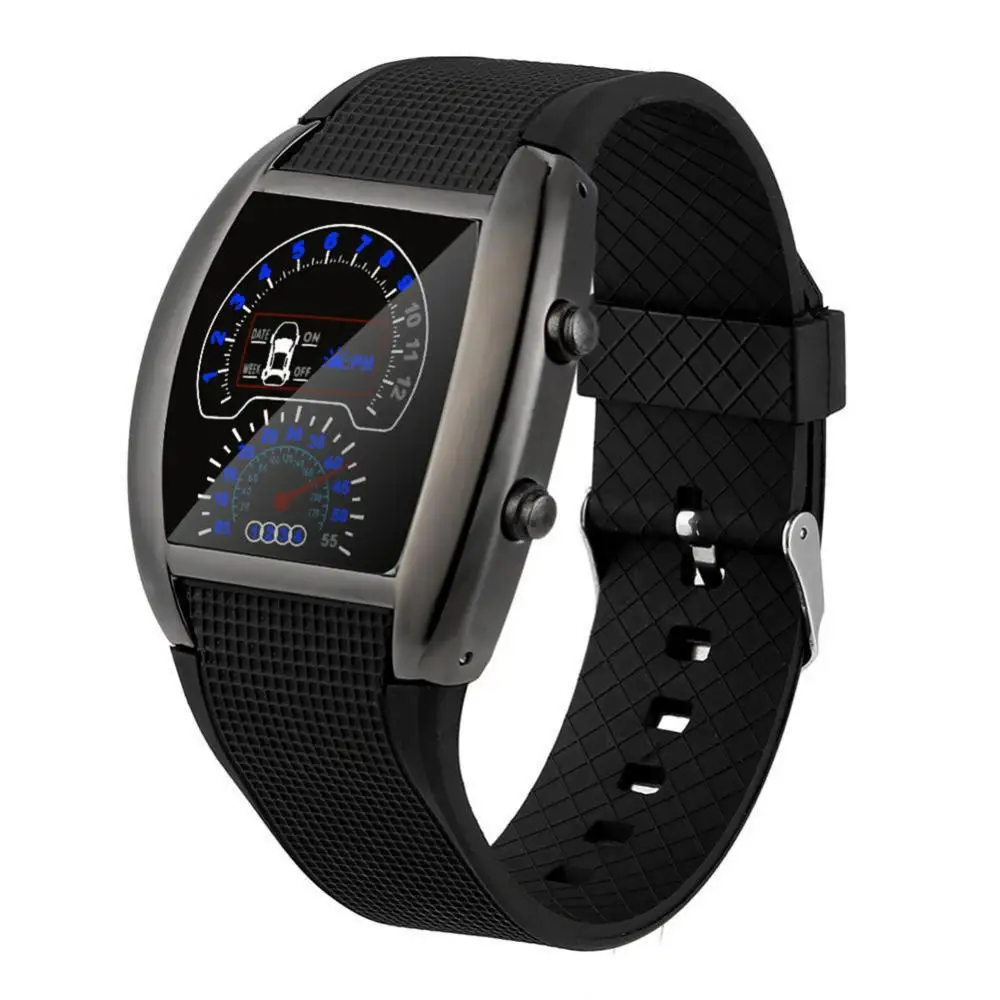 Date Time Display Electronic Watch Men LED Aviation Speedometer Sports Car Meter Dial Digital Wrist Watch