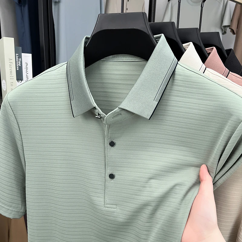 

YEAE Ice Silk Traceless Short-sleeved Men's T-shirt Summer Thin 2025 Lapel Polo Shirt Half-sleeved Casual Business Simple Top