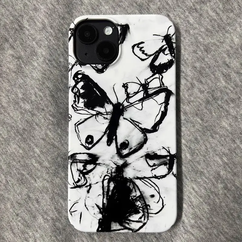 Ink and Wash Painting Butterfly Case for iPhone 15 14 13 Pro Max Back Phone Cover for 12 11 Pro Plus 8 7 X XS Acrylic Cover