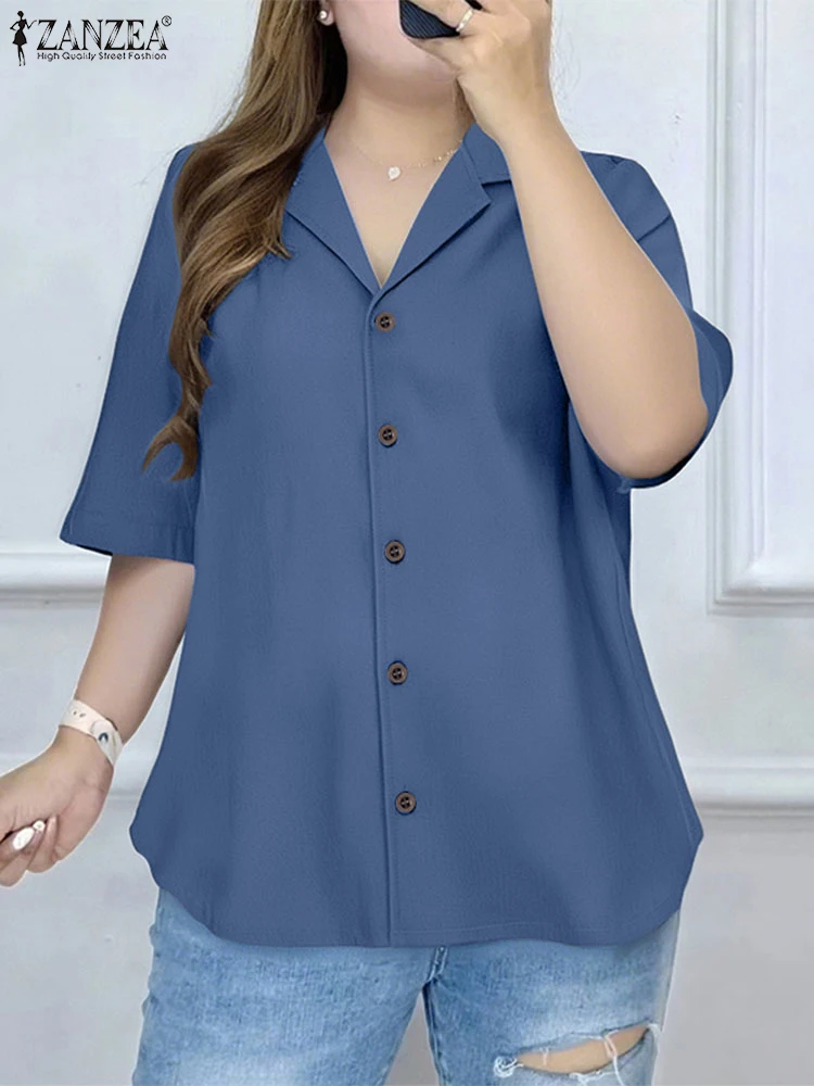 

2025 ZANZEA Fashion Shirts Women Summer Half Sleeve Solid Color Tops Lapel Casual Loose Buttons Elegant Office Lady OL Blouse