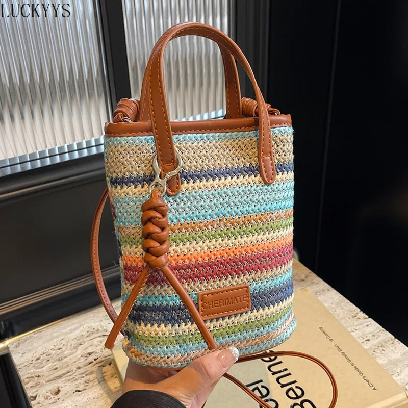 New Contrasting Color Straw Messenger Bag All-match High Capacity Shoulder Bucket Bag Light Weight Straw Crossbody Bag Daily Use