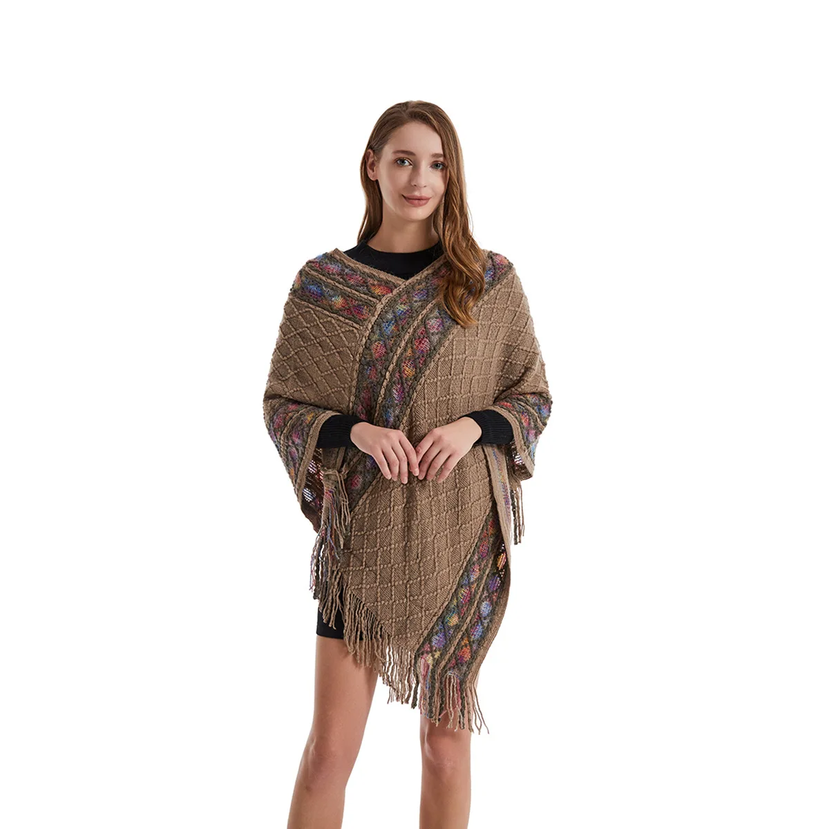 Women Spring Autumn Poncho Unique Vintage Shawl Lady Knitted Two Way Wrap with Tassels Loose Ethnic Sweater Retro Style Pullover