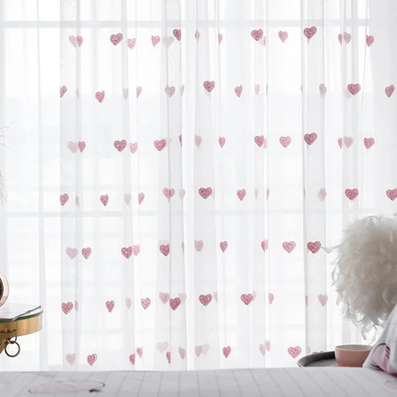 1PC Korean Princess Style Pink Love Sheer Curtain For Children's Room, Living Room Bedroom ,Cute Home Window Tulle Curtain-Hook