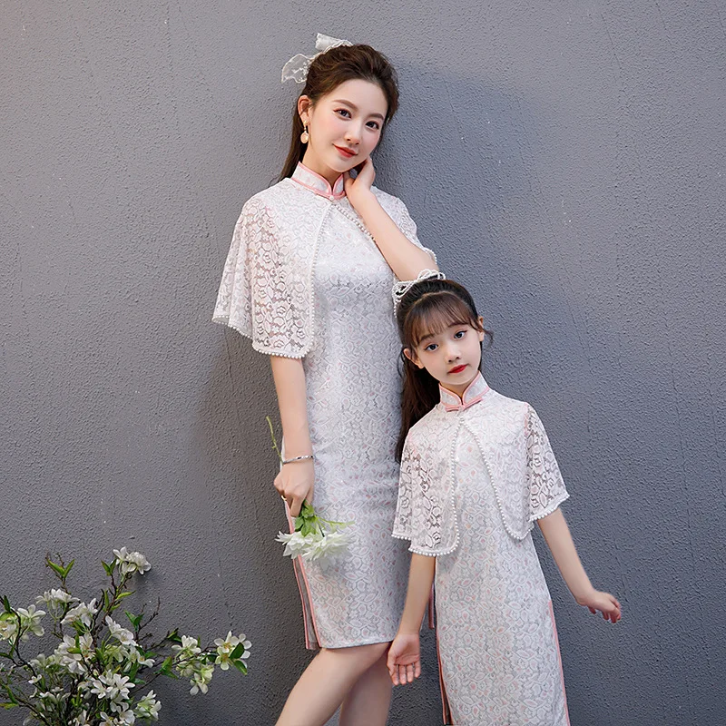 

Summer Women Lace Chinese Traditional Qipao Parent-child Outfit Party Dress Girls Lovely Embroidery Elegant Cheongsam