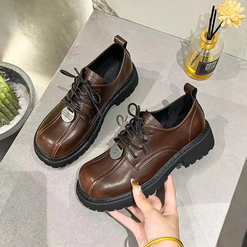 2024 New Women's Lace-Up Women's Shoes Autumn Round Toe Mixed Color Thick Sole Casual and Comfortable Women's Loafers