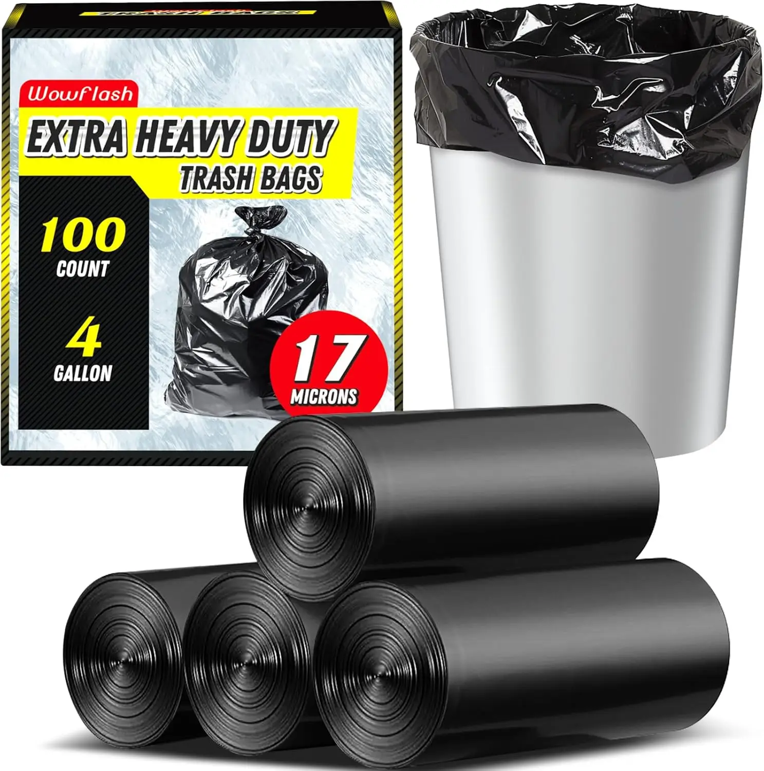 

100 Count 17 Micron Heavy Duty 4 Gallon Trash Bags, Tear-Resistant for Bathroom & Kitchen Use