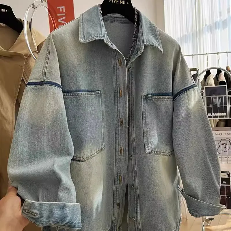 

plus Size 300 Pou Vintage Waed Denim irt Jaet ex Loose Casual Autumn Top Collar Long Sve Button Closure
