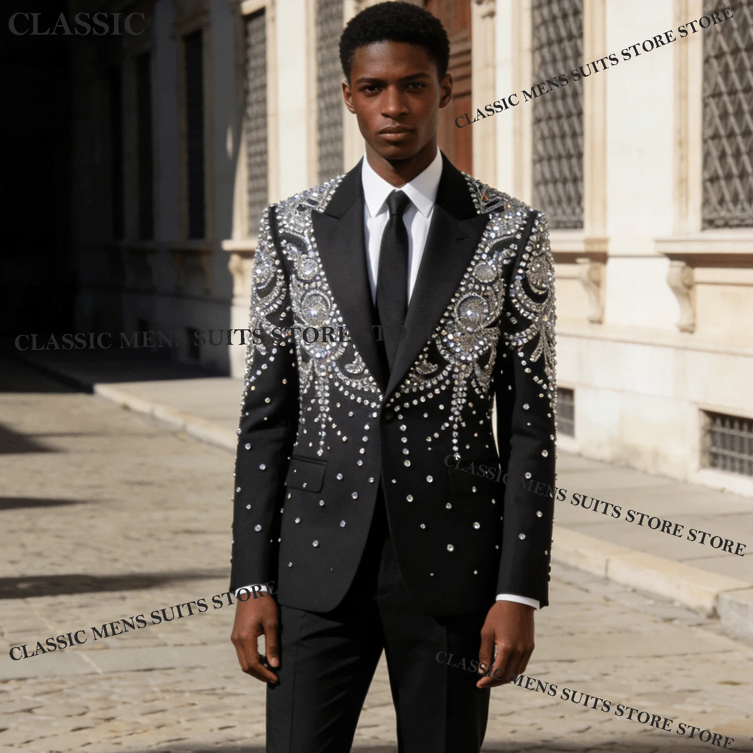 

Customized Fashion Tuxedos Men Suits Diamond Decoration Peaked Lapel Groom 2 Pieces Set Exquisite Wedding Male Prom Blazers suit