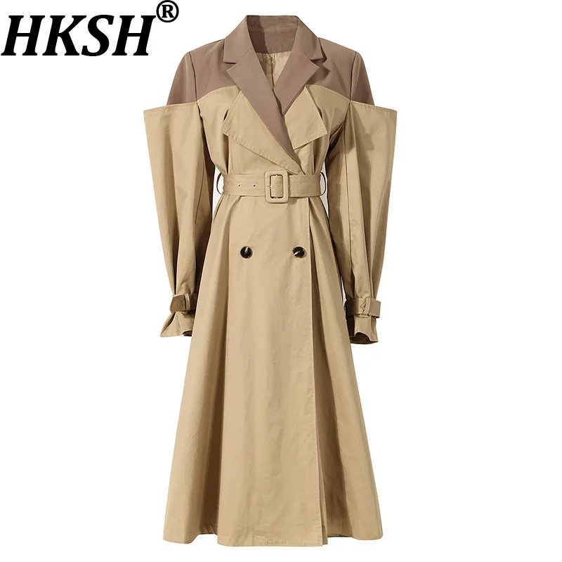 HKSH Women Trench Coat Fake Two-piece Color Block Turn-down Collar Double Breasted Belted Elegant Chic Casual Windbreaker HK3586