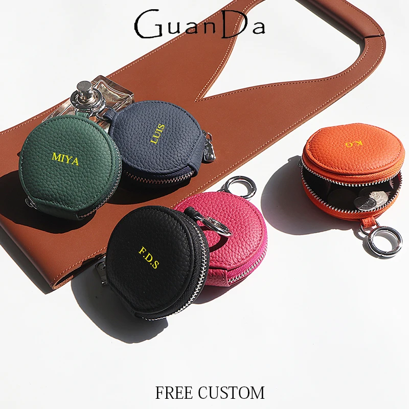 Custom Letters Round Earphone Bag Engrave Name Mini Storage Bag Genuine Leather Zipper Luxury Coin Purse Pouch Key Wallet Gift