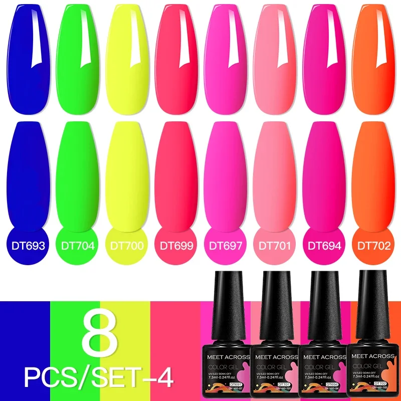 MEET ACROSS 8Pcs/Set Gel Nail Polish Sparkly Fluorescent Neon DIY Nail Art Gel Varnish for Nails Manicure Set Nail Supplies