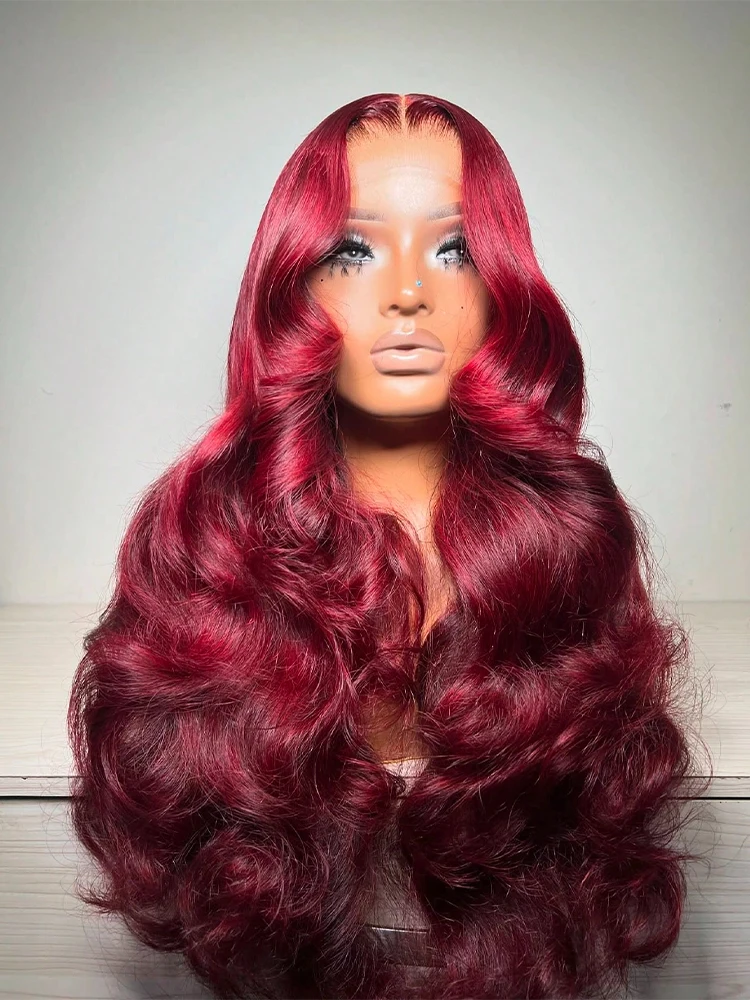 

30-дюймовый парик из натуральных волос 99j бургундского цвета, 13x4, с волнистым узором, на кружевной основе, 200% плотность, красно-бордовый, с предварительно выщипанной линией роста волос, для женщин
