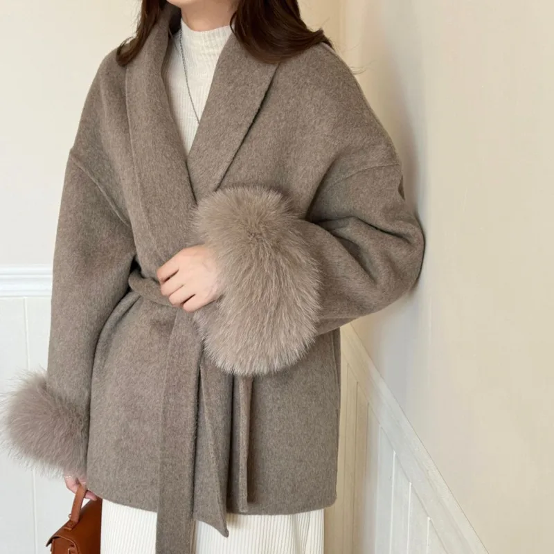 HKSH Autumn Winter New Women Coat Long Sleeved Patchwork Fur Sashes Elegant Fashion Office Lady Double-Sided Wool Jacket HK12024