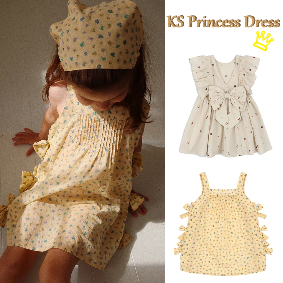 

2024 Summer KS Girls Bow Princess Dress Girl Floral Print Dresses Kids Children Cherry Dress Baby Cute Carnival Party Vestidos