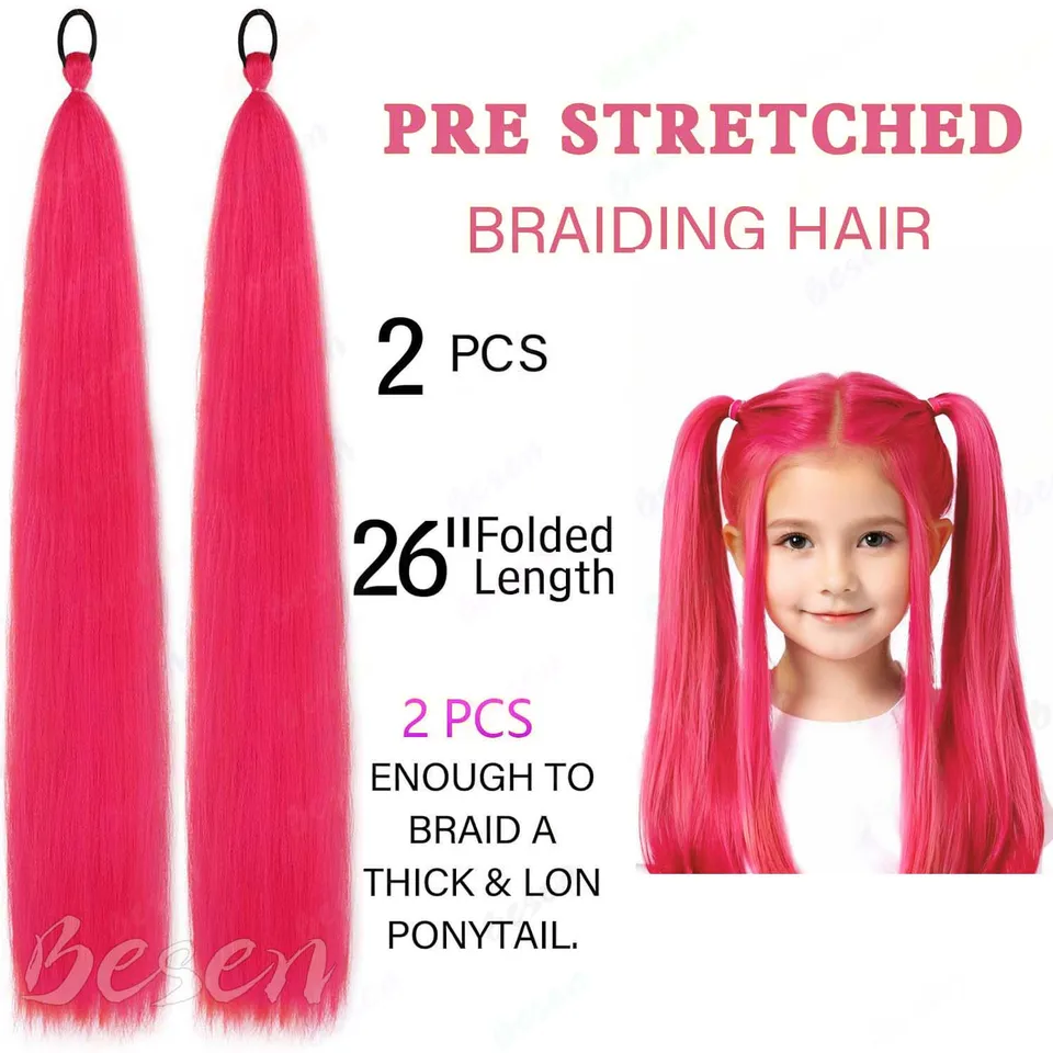 Coleta sintética de 2 piezas de 26 pulgadas en rosa neón para niñas, mujeres y niños, larga, recta y colorida, multicolor 2