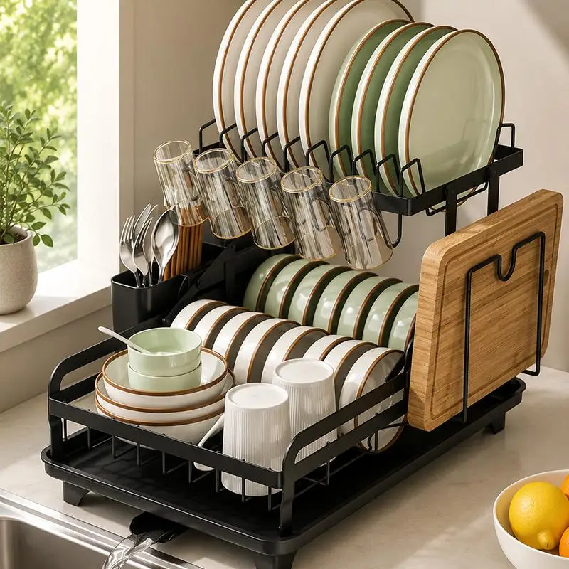 Multifunctional 2 Tier Dish Drying Rack Large Capacity Kitchen Countertop Organizer with Auto Drainboard System Space Saving Dish Drainer Storage Shelf Holder for Plates Bowls Cups Cutting Board Utensils