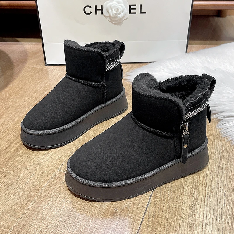 

Short Snow Boots Winter New Anti-slip Warm Women's Fleece and Platform Wedge Cotton Shoes