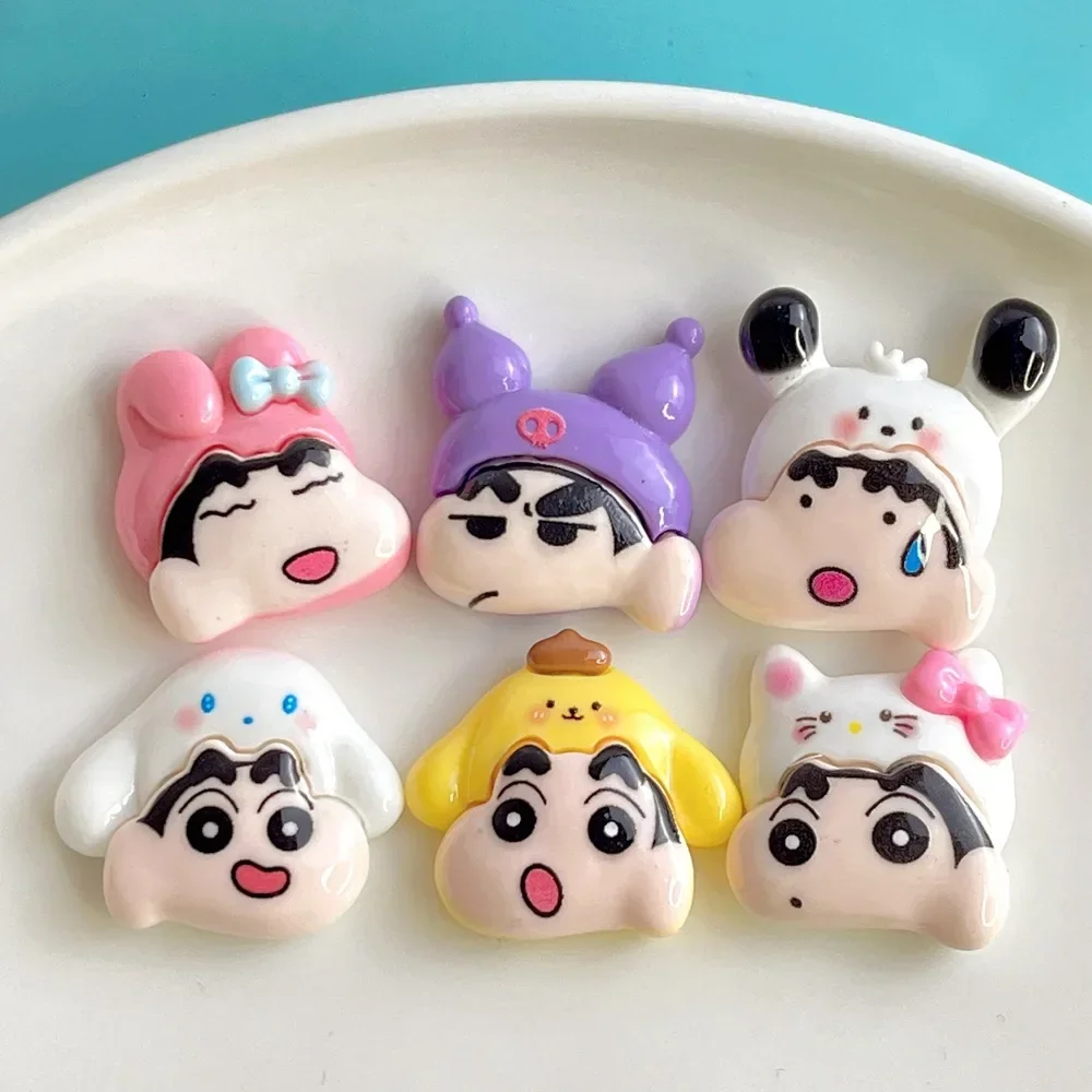 5pcs Cartoon Cross-dressing Crayon Shin-chan Head Cartoon Figure Miniature Diy Crafts Supplies Resin Flatback Cabochons