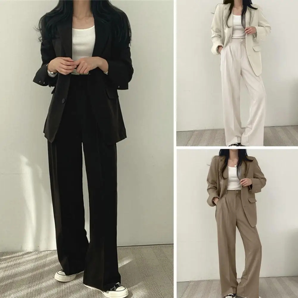 Solid Color Pants Elegant Women's Office Suit Set with Lapel High Waist Pants Wide Leg Design for Professional Workwear Style