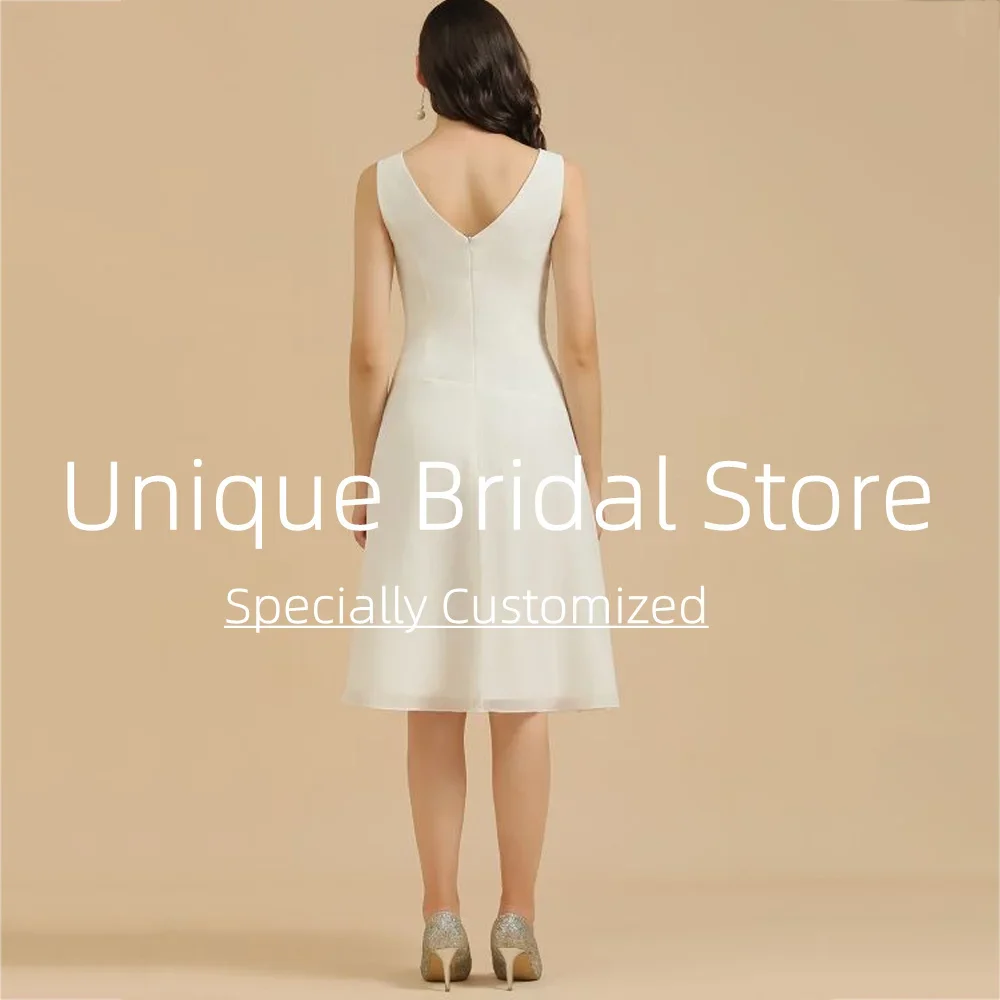 Op maat gemaakte klassieke trouwjurken Sexy V-hals Mouwloos Elegant A-lijn Open rug Hoge kwaliteit Chiffon Korte feestbruidsjurk