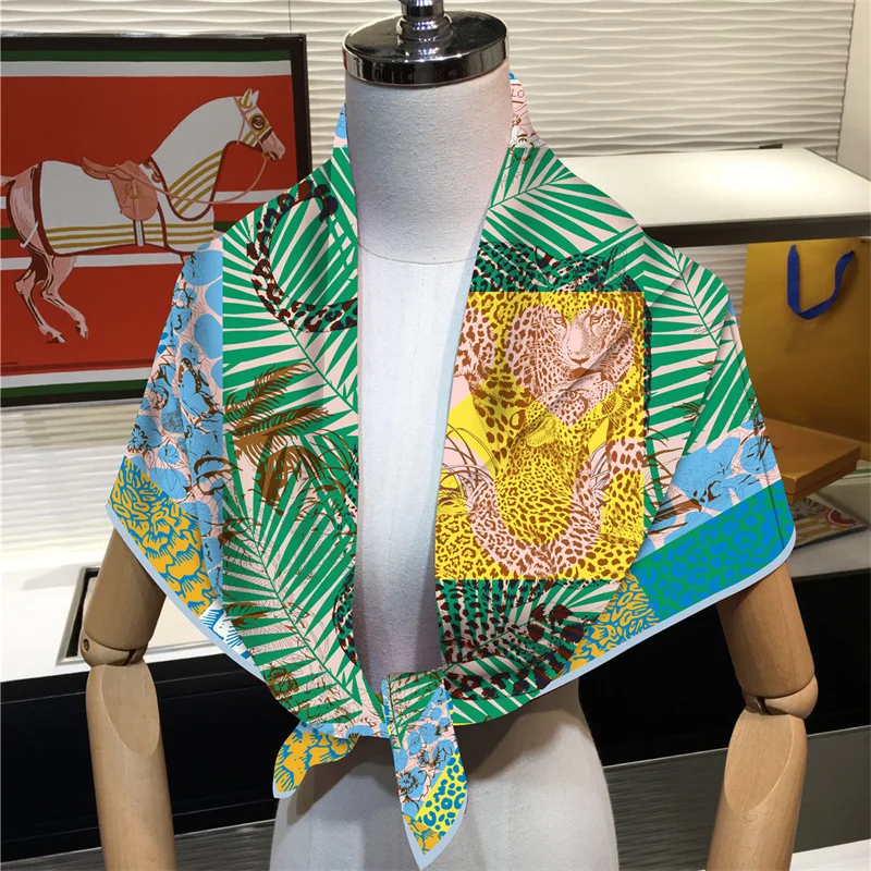 90cm New Jungle Leopard Twill Silk Scarf Shawl Brand Square Scarf Women Hijab Luxury Bandana Foulard Neckerchief Head Scarves