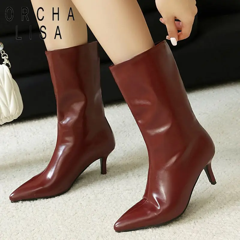 

Fashion Shiny Female Mid Calf Boots Pointed Toe 6.5cm Small Heels Side Zipper Plus Size 44 45 46 Bota Silver Autumn
