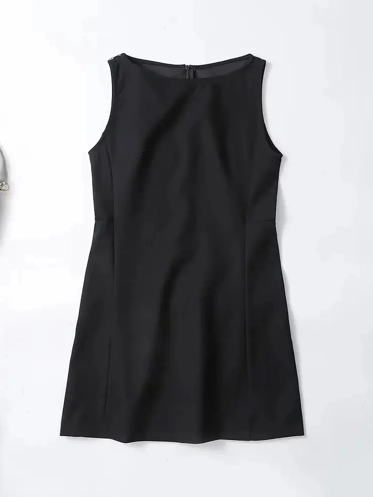 XNWMNZ 2024 Women's Fashion Black Mini Dress Women High Street Sleeveless Fit Versatile Simple Female Dresses