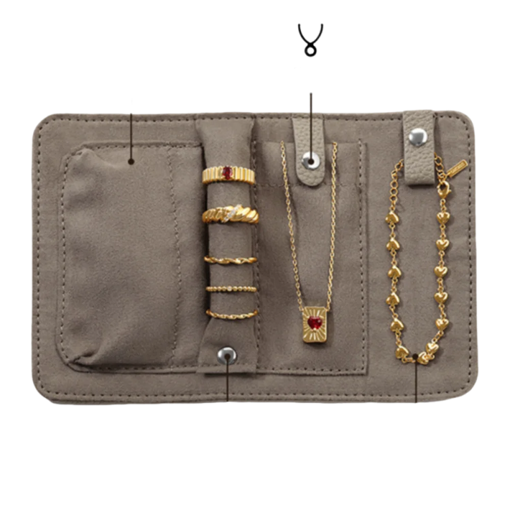 حقيبة لفة المجوهرات بطانة ناعمة من جلد البولي يوريثان حقيبة مجوهرات قلادة تخزين لفة رمادية منظم مجوهرات محمول لمحفظة السفر