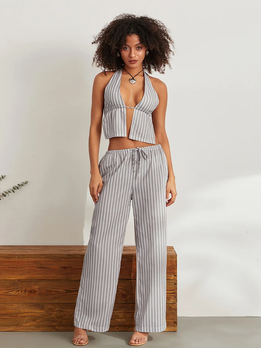 New Women Summer Pants Outfits Stripe Tie-Up Halter Neck Backless Sleeveless Tank Tops Wide-Leg Pants 2 Pieces Clothes Set S M L